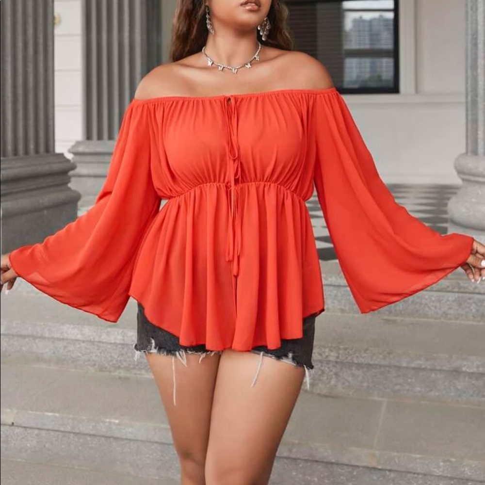 Boho Plus Size Off Shoulder Sheer Open Front Self tie Top Blouse Vibrant Orange - Picture 2 of 10